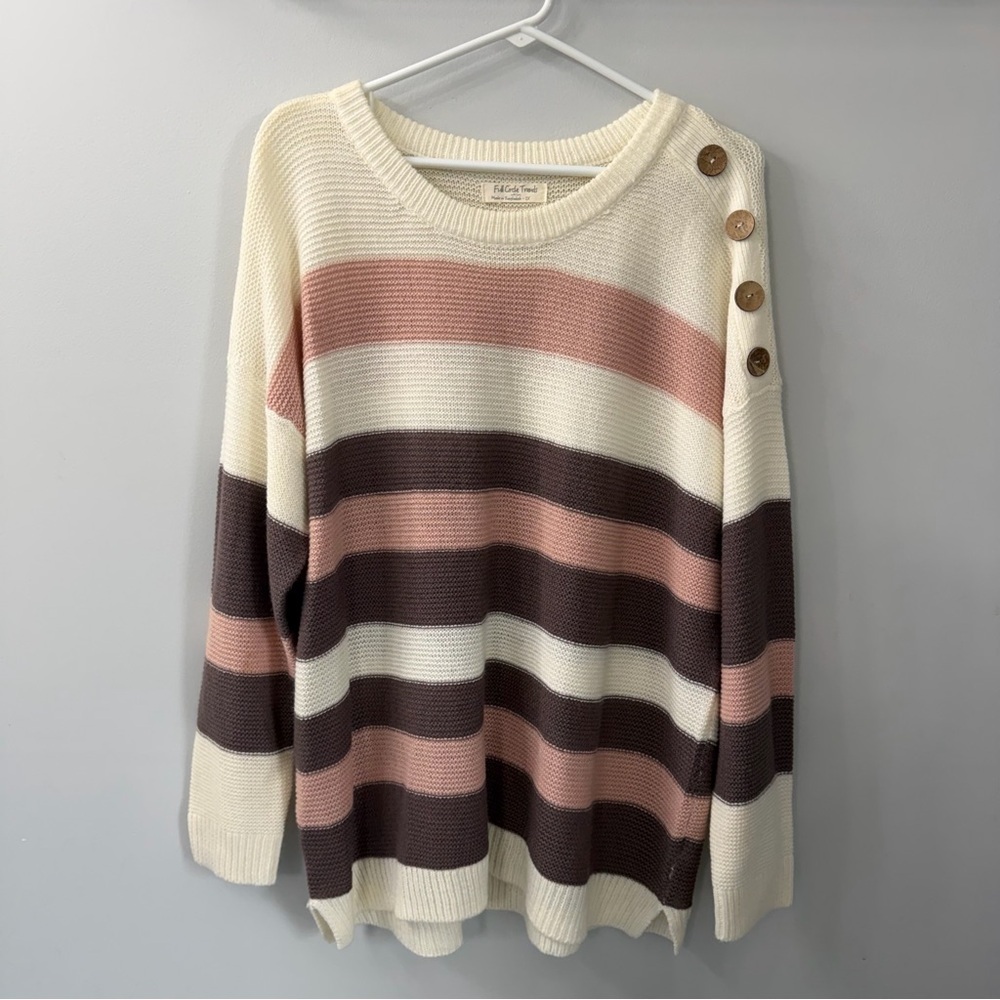 Full Circle Trends Cream & Pink Striped Long Sleeve Sweater w/ Button Accents 2X